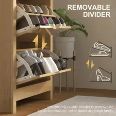 HOMCOM Slim Shoe Cabinet, Narrow Shoe Cupboard with 3 Drawers, Adjustable Shelves for 18 Pairs of Shoes, Natural Wood Finish - 6