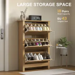 HOMCOM Slim Shoe Cabinet, Narrow Shoe Cupboard with 3 Drawers, Adjustable Shelves for 18 Pairs of Shoes, Natural Wood Finish - 4