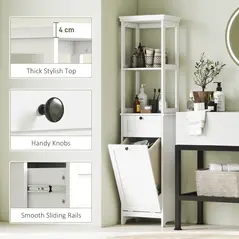 HOMCOM Tall Bathroom Cabinet, with Laundry Basket - White - 7