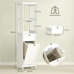 HOMCOM Tall Bathroom Cabinet, with Laundry Basket - White - 3