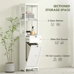 HOMCOM Tall Bathroom Cabinet, with Laundry Basket - White - 4