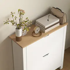 HOMCOM Slim Shoe Cabinet, Narrow Shoe Cupboard with 2 Flip Drawers, Adjustable Shelves for 12 Pairs of Shoes, High Gloss White - 8