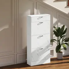 HOMCOM Marble Shoe Storage Cabinet with 3 Flip Drawers, Hallway Cabinet with Top Drawer and Adjustable Shelves, Shoe Cupboard for 18 Pairs, White - 8
