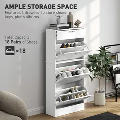 HOMCOM Marble Shoe Storage Cabinet with 3 Flip Drawers, Hallway Cabinet with Top Drawer and Adjustable Shelves, Shoe Cupboard for 18 Pairs, White - 4