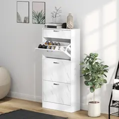 HOMCOM Marble Shoe Storage Cabinet with 3 Flip Drawers, Hallway Cabinet with Top Drawer and Adjustable Shelves, Shoe Cupboard for 18 Pairs, White - 2
