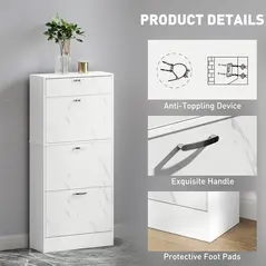 HOMCOM Marble Shoe Storage Cabinet with 3 Flip Drawers, Hallway Cabinet with Top Drawer and Adjustable Shelves, Shoe Cupboard for 18 Pairs, White - 6