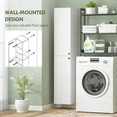 HOMCOM Wall Mounted Tall Bathroom Storage Cabinet with Soft-Close Hinges, Slim Bathroom Cabinet with 2 Doors, White - 4