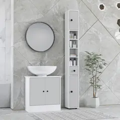 kleankin 180cm Slim Bathroom Cabinet, with Drawer, Shelves and Cupboards - Light Grey - 2