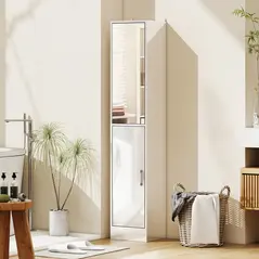 kleankin Tall Bathroom Cabinet with Mirror and Adjustable Shelf - High Gloss White - 2