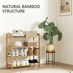 HOMCOM Freestanding Bamboo Shoe Rack, 4-Tier Shoe Shelf Stand for Hallway, Living Room, Bedroom, Natural Wood Finish - 4