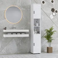 kleankin Line Embossed Tall Bathroom Storage Cabinet - White - 7