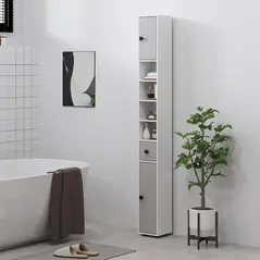 kleankin 180cm Slim Bathroom Cabinet, with Drawer, Shelves and Cupboards - Light Grey - 7