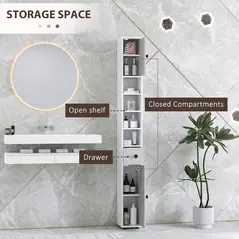 kleankin 180cm Slim Bathroom Cabinet, with Drawer, Shelves and Cupboards - Light Grey - 4