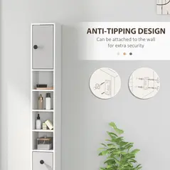 kleankin 180cm Slim Bathroom Cabinet, with Drawer, Shelves and Cupboards - Light Grey - 5