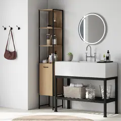 HOMCOM Tall Bathroom Cabinet with Open Shelves and Adjustable Shelf - Natural Wood Finish - 2
