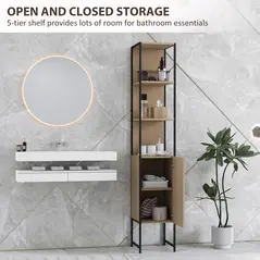 HOMCOM Tall Bathroom Cabinet with Open Shelves and Adjustable Shelf - Natural Wood Finish - 4
