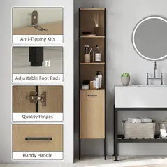 HOMCOM Tall Bathroom Cabinet with Open Shelves and Adjustable Shelf - Natural Wood Finish - 6