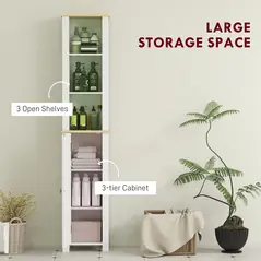 kleankin Slim Bathroom Storage Unit with Open Compartment, Bathroom Storage Cabinet with Adjustable Shelf, 34 x 23 x 165 cm, White - 4