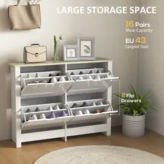 HOMCOM Slim Shoe Cabinet, Narrow Shoe Cupboard with 4 Flip Drawers, Adjustable Shelves for 16 Pairs of Shoes, White - 4