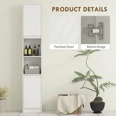 HOMCOM Narrow Bathroom Cabinet, Slim Bathroom Storage Unit with Open Compartment, Freestanding Storage Cupboard with Adjustable Shelves for Small Spaces, 30 x 24 x 170 cm, White - 5