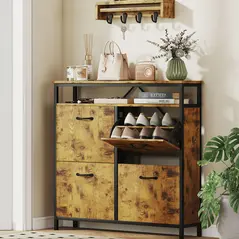 HOMCOM Shoe Storage Cabinet with 4 Flip Drawers and Open Shelf - Rustic Brown - 2