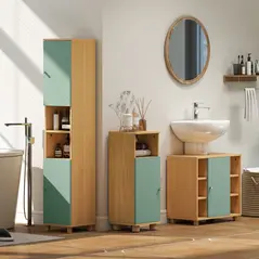 HOMCOM Bathroom Cabinet with Adjustable Shelves and Open Shelves - Green - 8