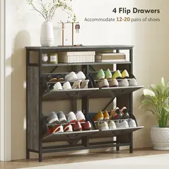 HOMCOM Shoe Storage Cabinet with 4 Flip Drawers and Open Shelf - Cement Grey - 4