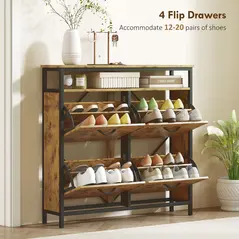 HOMCOM Shoe Storage Cabinet with 4 Flip Drawers and Open Shelf - Rustic Brown - 4