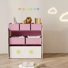 AIYAPLAY Kids Toy Storage Units, 3-Tier Toy Organiser Shelf with 6 Removable Boxes for Kids, Bedroom, Playroom, Pink - 9