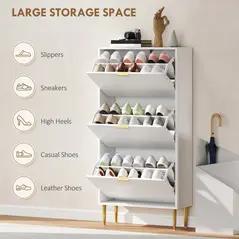 HOMCOM Elegant Three-Drawer Shoe Cabinet - White - 5