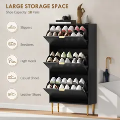 HOMCOM Elegant Three-Drawer Shoe Cabinet - Black - 5