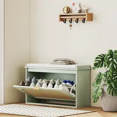 HOMCOM Boho Shoe Bench with Padded Seat and Flip-Drawer - Light Green - 2