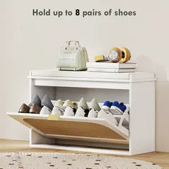 HOMCOM Boho Shoe Bench with Padded Seat and Flip-Drawer - White - 6