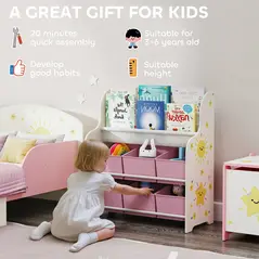 AIYAPLAY Kids Storage Unit, Toy Organiser with 6 Fabric Drawers and 2-Tier Sling Book Rack for Bedroom, Playroom, Nursery, Pink - 6