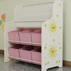 AIYAPLAY Kids Storage Unit, Toy Organiser with 6 Fabric Drawers and 2-Tier Sling Book Rack for Bedroom, Playroom, Nursery, Pink - 9