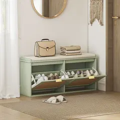 HOMCOM Boho Shoe Bench with Padded Seat and 2 Flip-Drawers - Light Green - 2