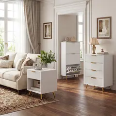 HOMCOM Elegant Three-Drawer Shoe Cabinet - White - 9