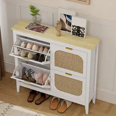 HOMCOM Narrow Shoe Cabinet, Boho Slim Shoe Storage Cabinet with 4 Flip Drawers, Holds 20 Pairs, White - 8