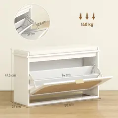 HOMCOM Boho Shoe Bench with Padded Seat and Flip-Drawer - White - 3
