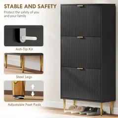 HOMCOM Elegant Three-Drawer Shoe Cabinet - Black - 7