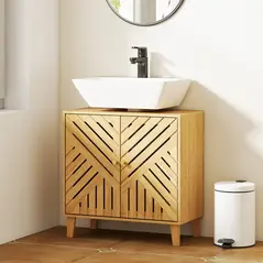 HOMCOM Bamboo Bathroom Under Sink Cabinet with Adjustable Shelf for Basin without Pedestal - Natural - 2