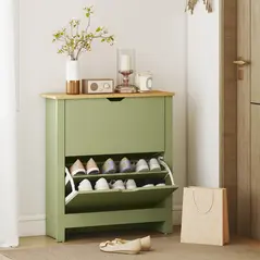 HOMCOM Slim Shoe Cabinet, Narrow Shoe Cupboard with 2 Flip Drawers, Adjustable Shelves for 12 Pairs of Shoes, Green - 8