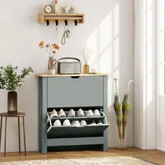 HOMCOM Slim Shoe Cabinet, Narrow Shoe Cupboard with 2 Flip Drawers, Adjustable Shelves for 12 Pairs of Shoes, Light Grey - 2