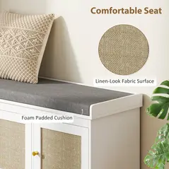 HOMCOM Shoe Storage Bench with Woven Rattan Doors, Seat - White - 5