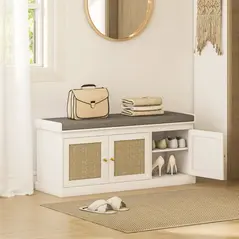 HOMCOM Shoe Storage Bench with Woven Rattan Doors, Seat - White - 2