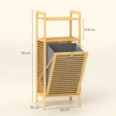 HOMCOM Bamboo Laundry Cabinet with Slatted Door, Bathroom Cabinet with Tilt-Out Hamper and Removable Liner Bag, 40 x 30D x 95 cm, Natural Wood Finish - 3