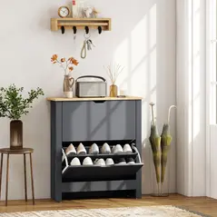 HOMCOM Slim Shoe Cabinet, Narrow Shoe Cupboard with 2 Flip Drawers, Adjustable Shelves for 12 Pairs of Shoes, Charcoal Grey - 2