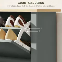 HOMCOM Slim Shoe Cabinet, Narrow Shoe Cupboard with 2 Flip Drawers, Adjustable Shelves for 12 Pairs of Shoes, Light Grey - 5