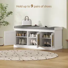 HOMCOM Shoe Storage Bench with Woven Rattan Doors, Seat - White - 6