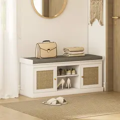 HOMCOM Boho Shoe Storage Bench with Padded Cushion and Rattan Doors - White - 2